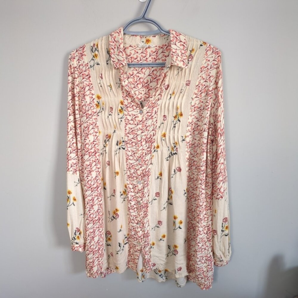 Jane and‎ Delancey Mixed Floral Pleated Long Sleeve Boho Button-Up Blouse Size M